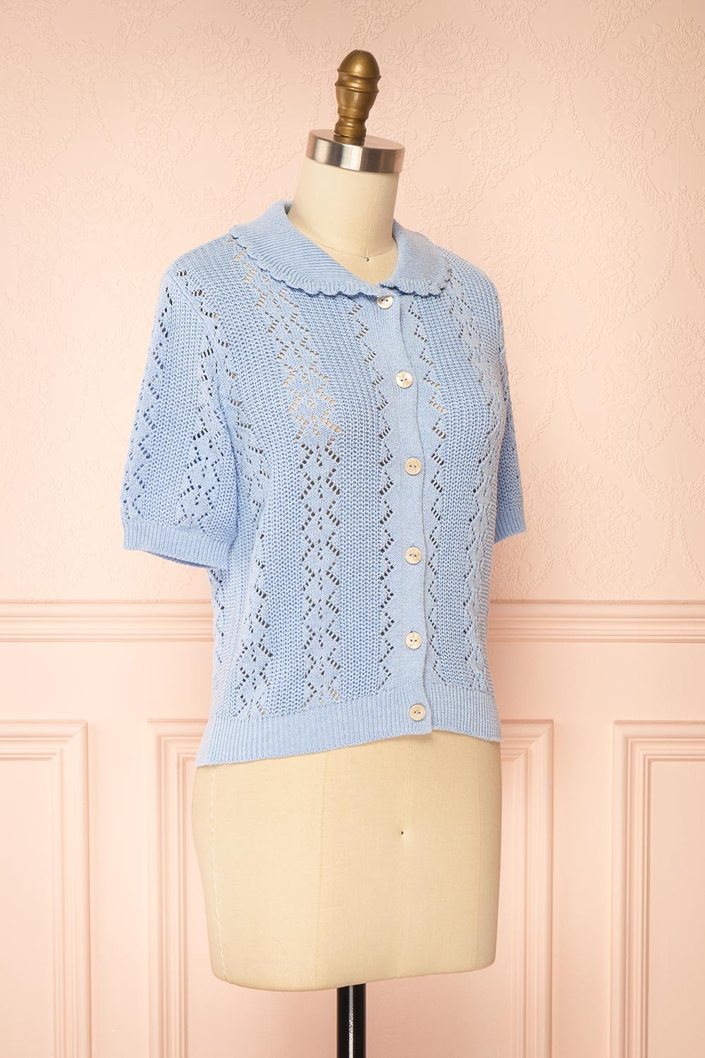 Gertie Blue Openwork Short Sleeve Cardigan | Boutique 1861 side view