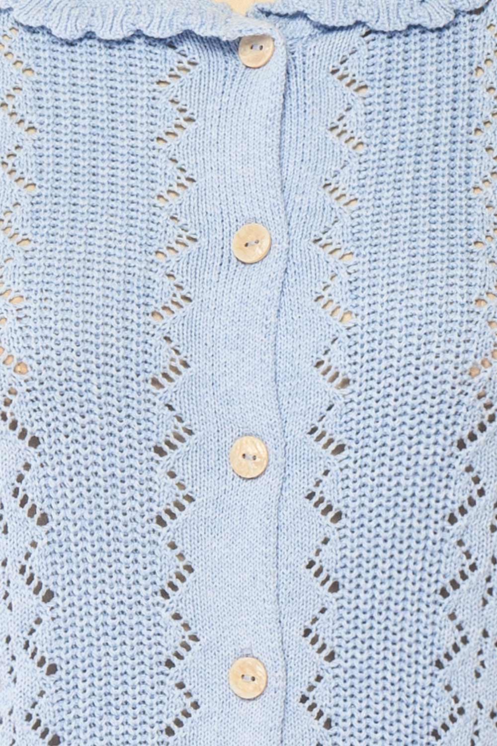 Gertie Blue Openwork Short Sleeve Cardigan | Boutique 1861 fabric