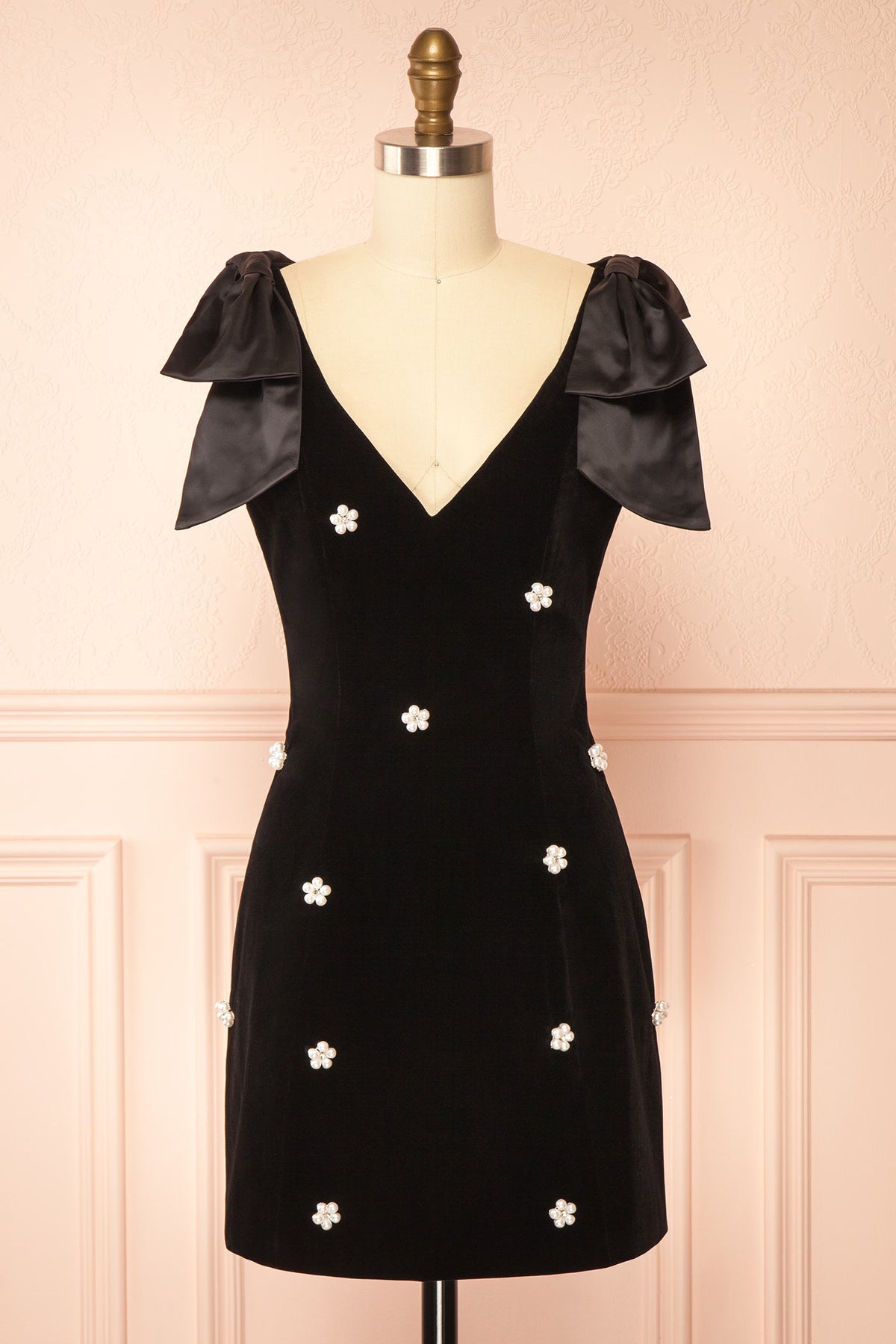 Front view of Geynneth Black Velvet Pearl Embellished Bow Shoulder Mini Dress at Boutique 1861