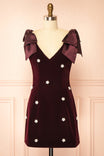 Front view of Geynneth Burgundy Velvet Pearl Embellished Bow Shoulder Mini Dress at Boutique 1861