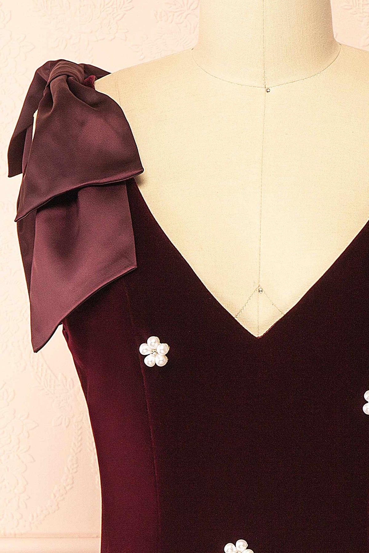 Geynneth Burgundy | Velvet Pearl Embellished Bow Shoulder Mini Dress