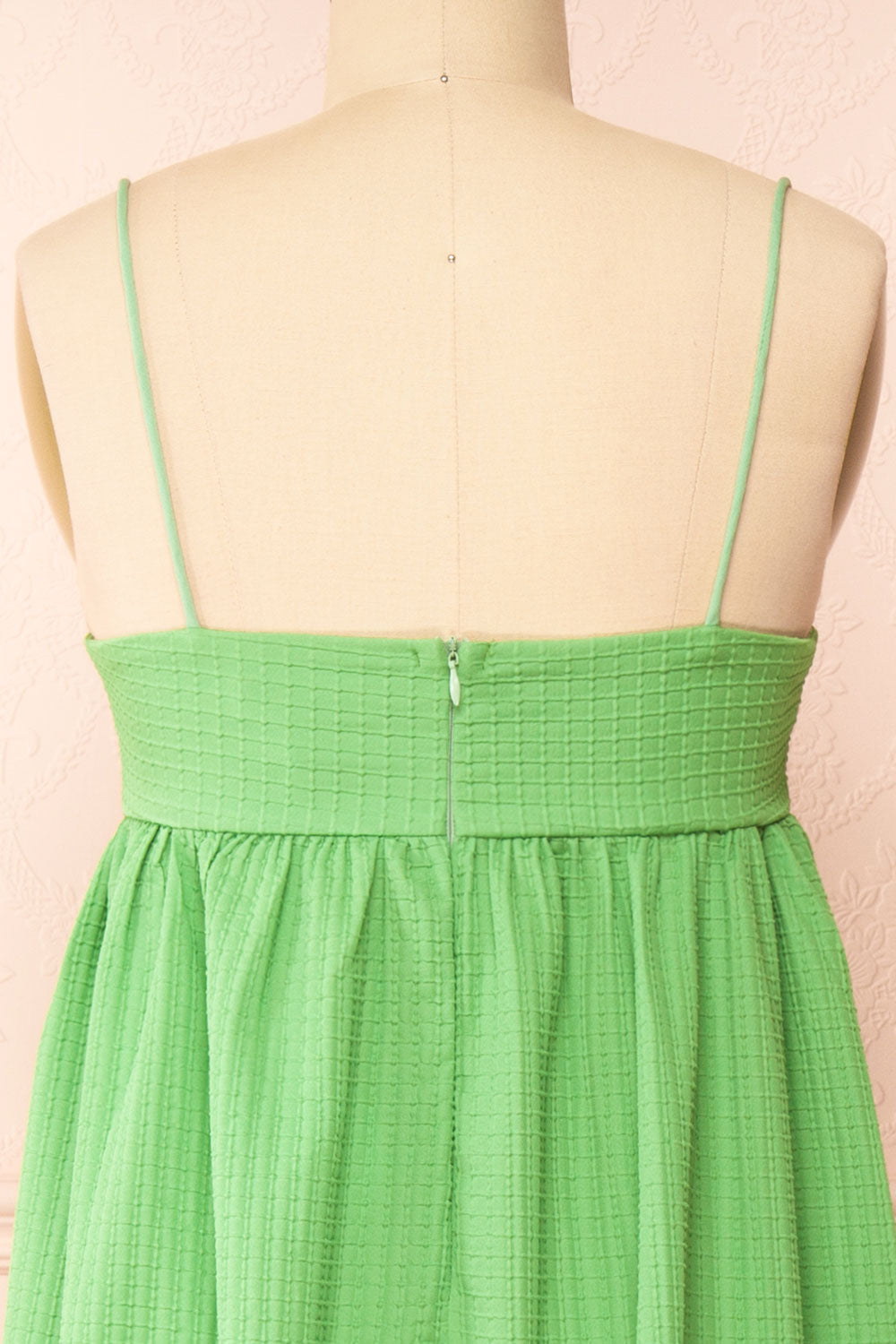 Gilli Green Waffle Weave Midi Babydoll Dress | Boutique 1861 back close-up