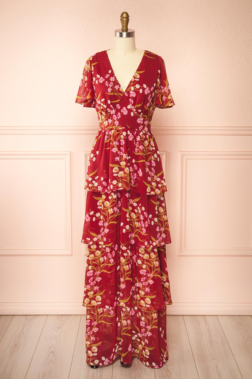 Ginna Tiered Burgundy Maxi Dress with Floral Pattern | Boutique 1861 front view