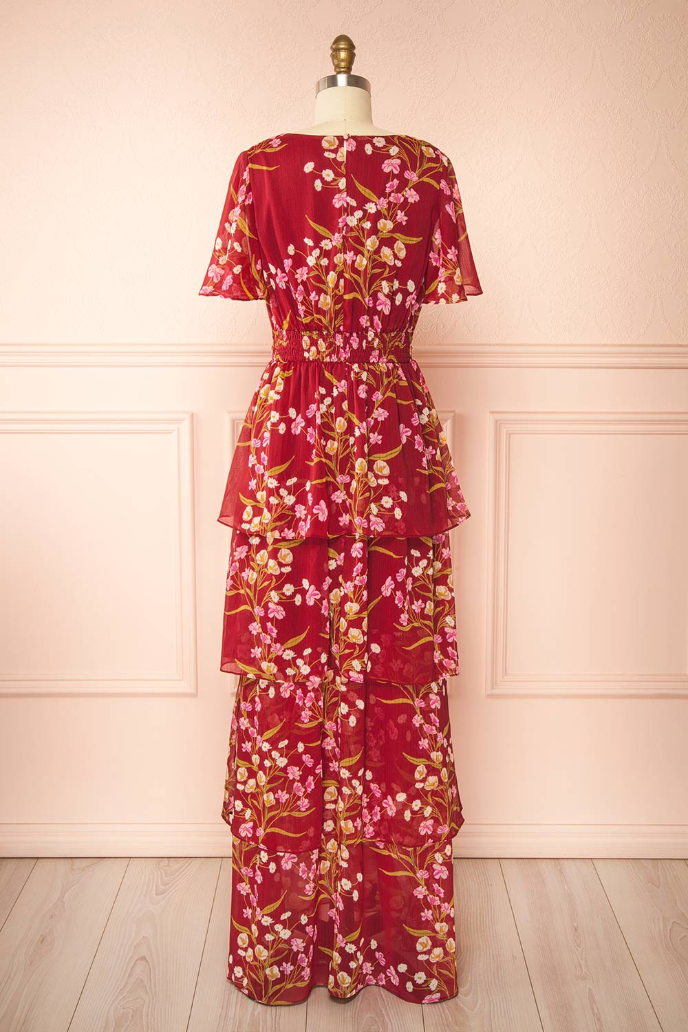 Ginna Tiered Burgundy Maxi Dress with Floral Pattern | Boutique 1861 back view