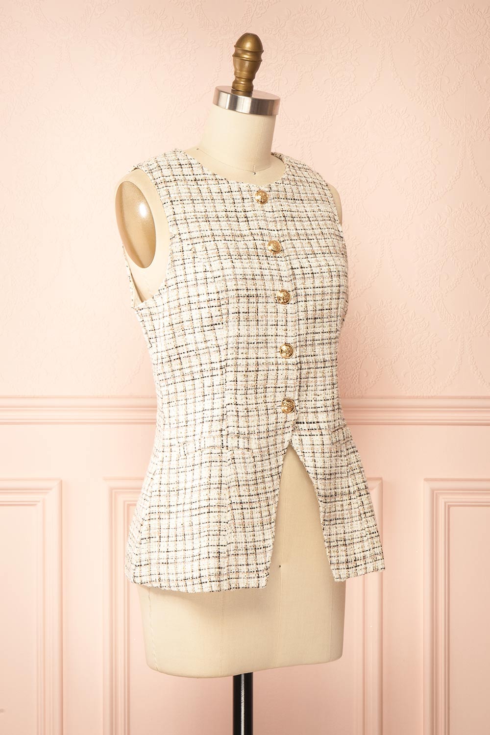 Gisella Sleveless Tweed Top with Gold Buttons | Boutique 1861 side view