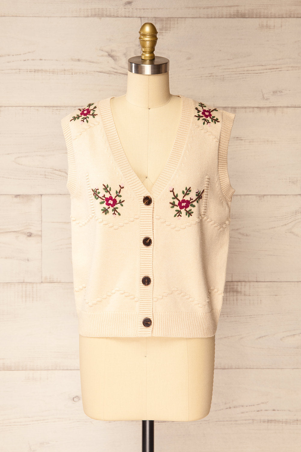 Gjilan | Veste Beige en Tricot avec Broderies Florales