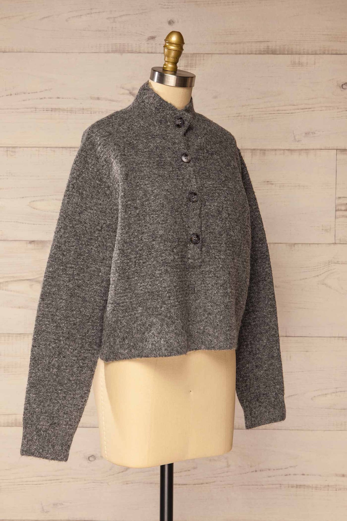 side view of Gladstone Grey High-Neck Buttoned Cropped Knit Sweater at La petite garçonne