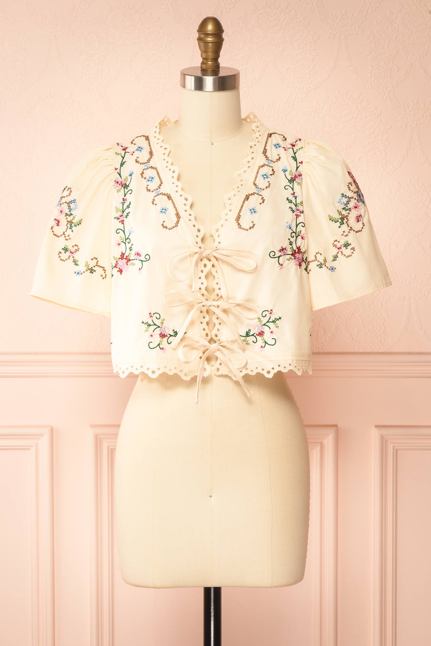 Frontview Glenna Beige Embroidered Cropped Top at boutique 1861