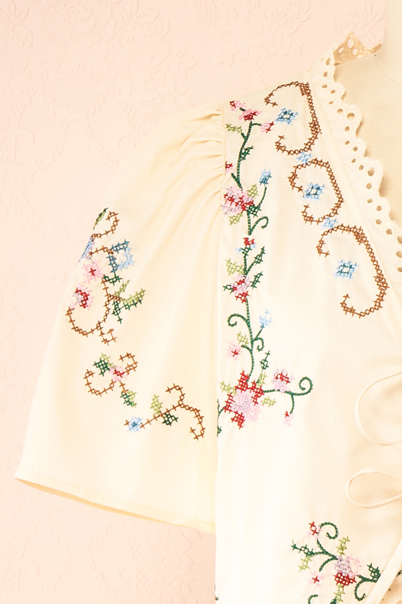Close-up Glenna Beige Embroidered Cropped Top at boutique 1861
