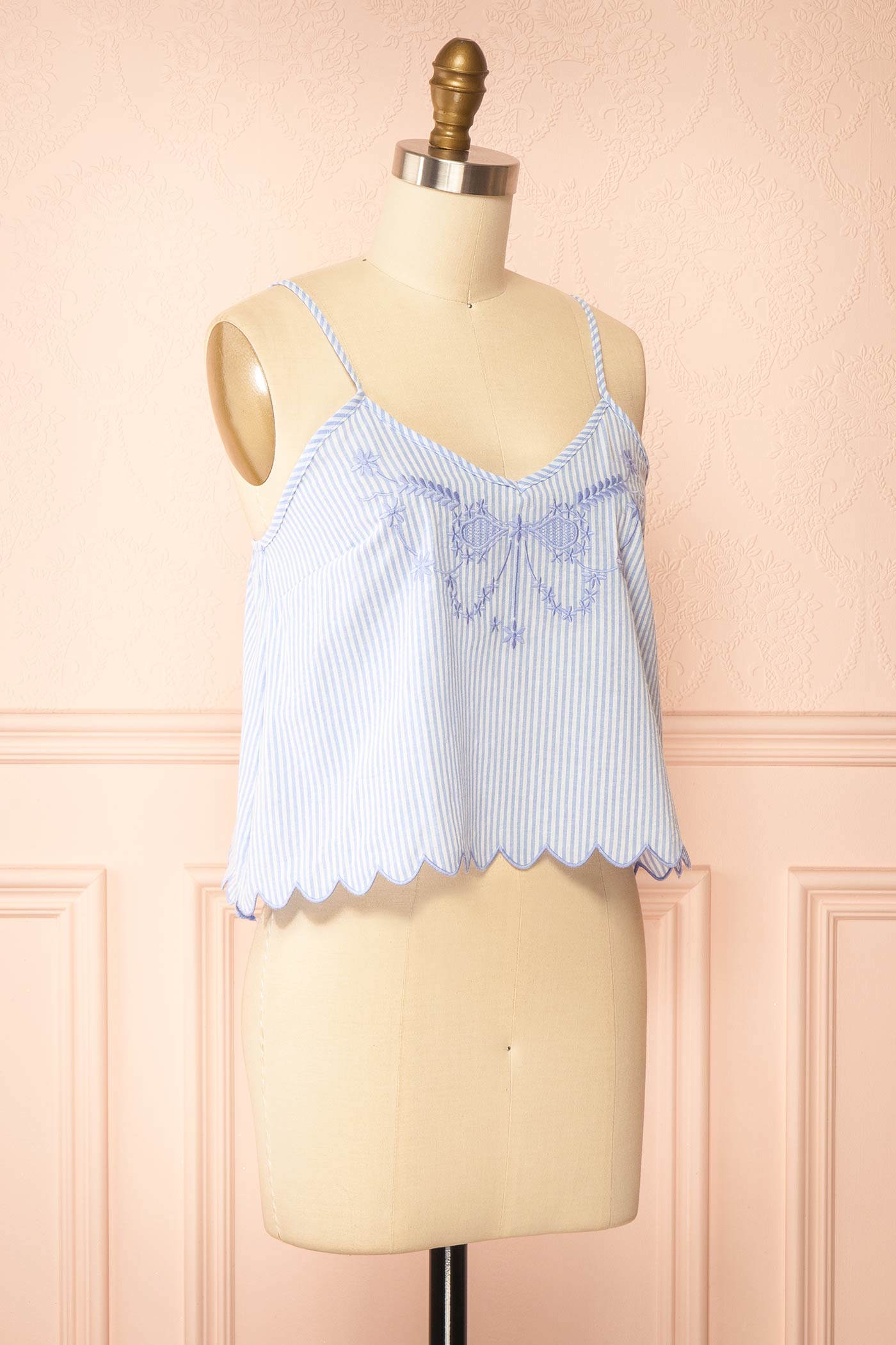 Profile view of Glinda Blue Embroidered Striped Pajama Camisole Top with Scalloped Hem at la boutique 1861
