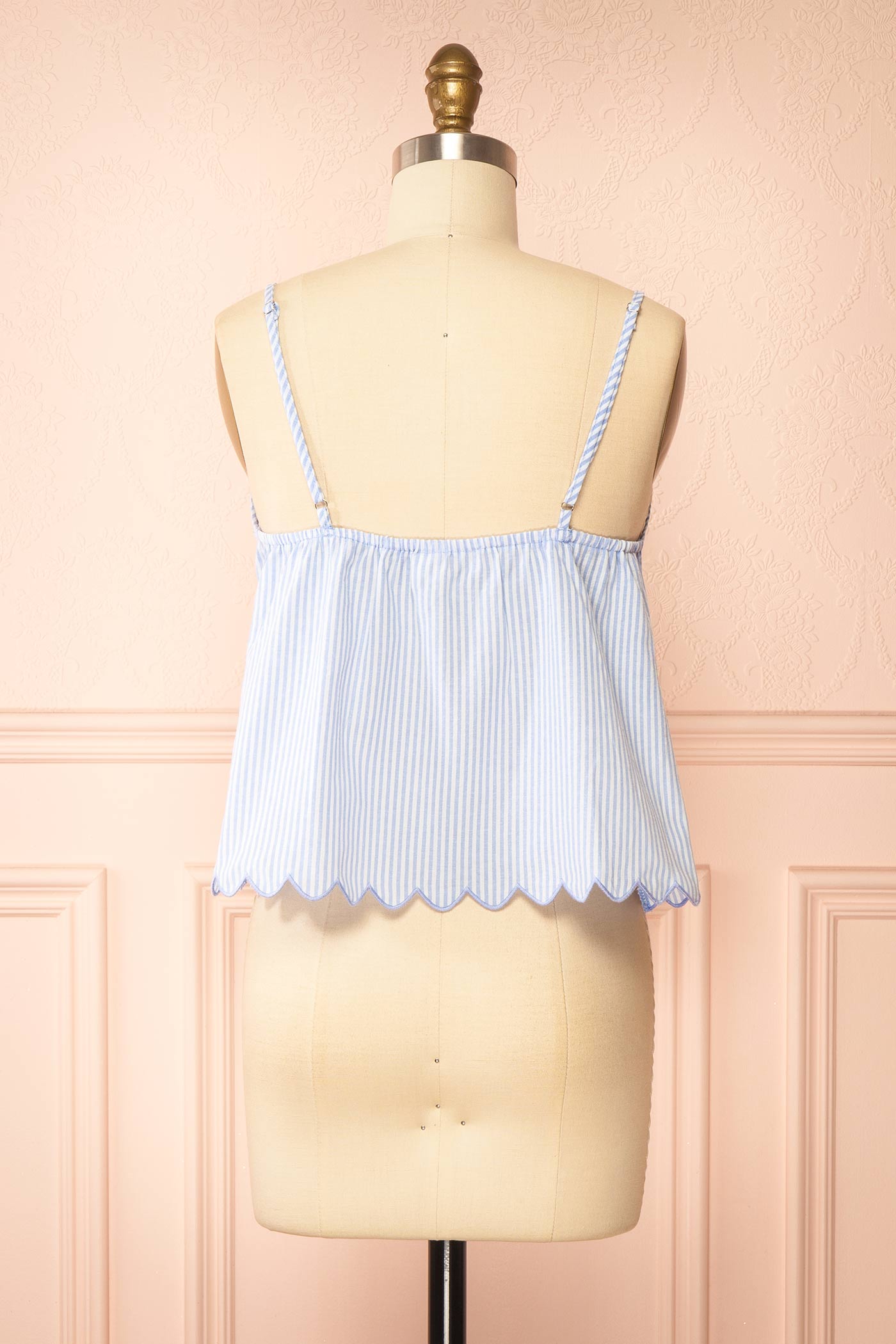 Back view of Glinda Blue Embroidered Striped Pajama Camisole Top with Scalloped Hem at la boutique 1861