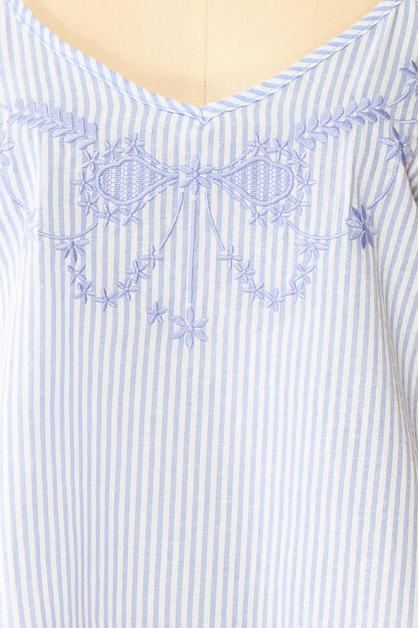 Close-up view of Glinda Blue Embroidered Striped Pajama Camisole Top with Scalloped Hem at la boutique 1861