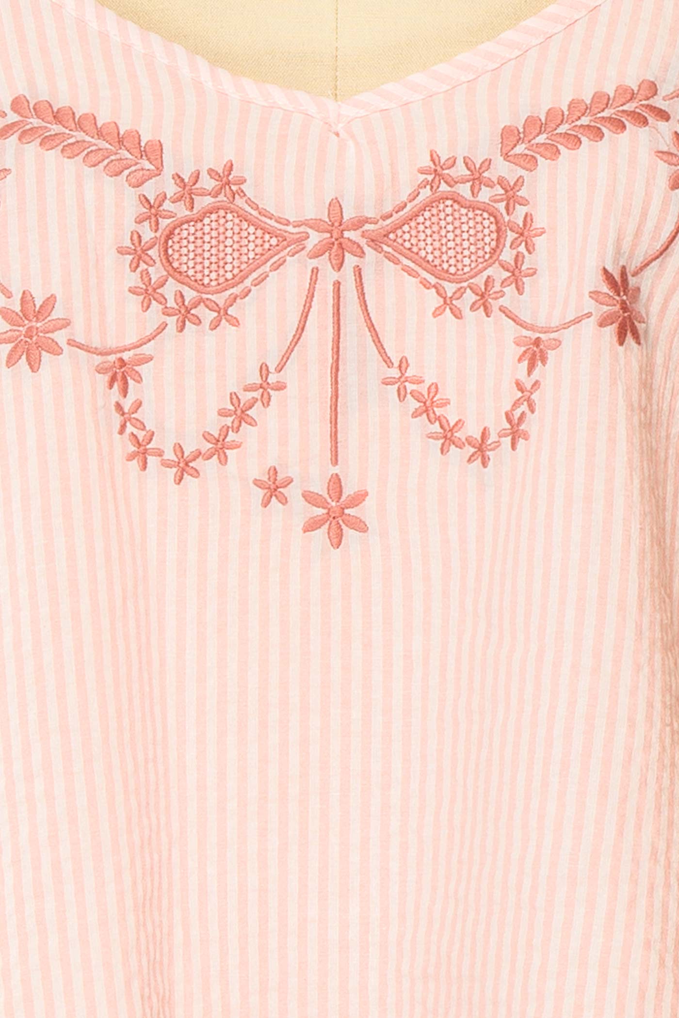 Close-up view Glinda Pink Embroidered Striped Pajama Camisole Top with Scalloped Hem at boutique 1861