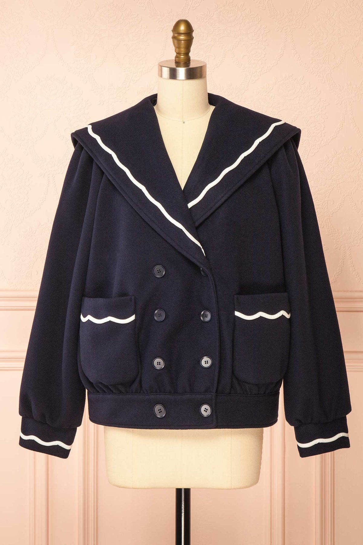 front view of Goiania Navy Short Jacket with Sailor Collar at Boutique 1861