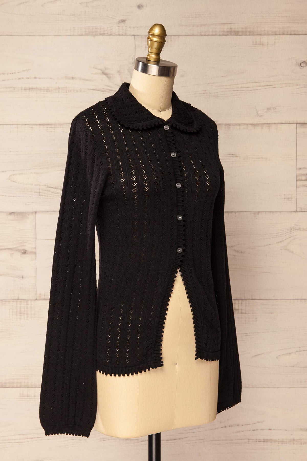 side front view of Gondar Black Fitted Pointelle Knit Cardigan at La petite garçonne