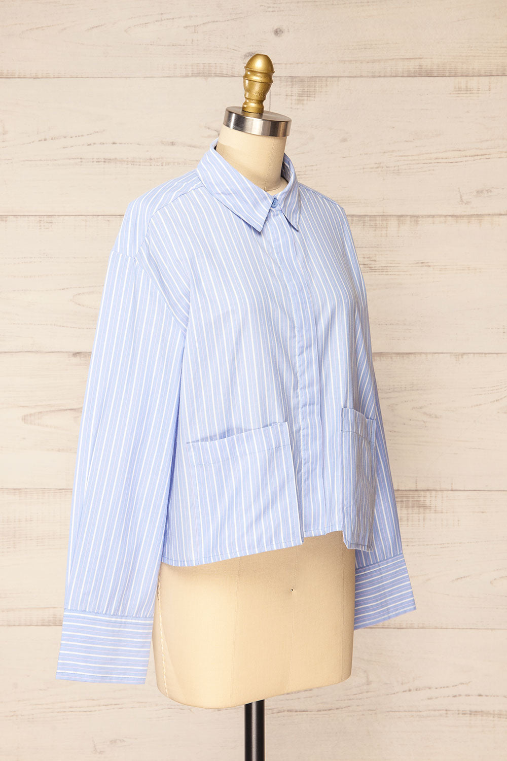 Gotham Blue Striped Cropped Shirt w/ Pockets | La petite garçonne side view