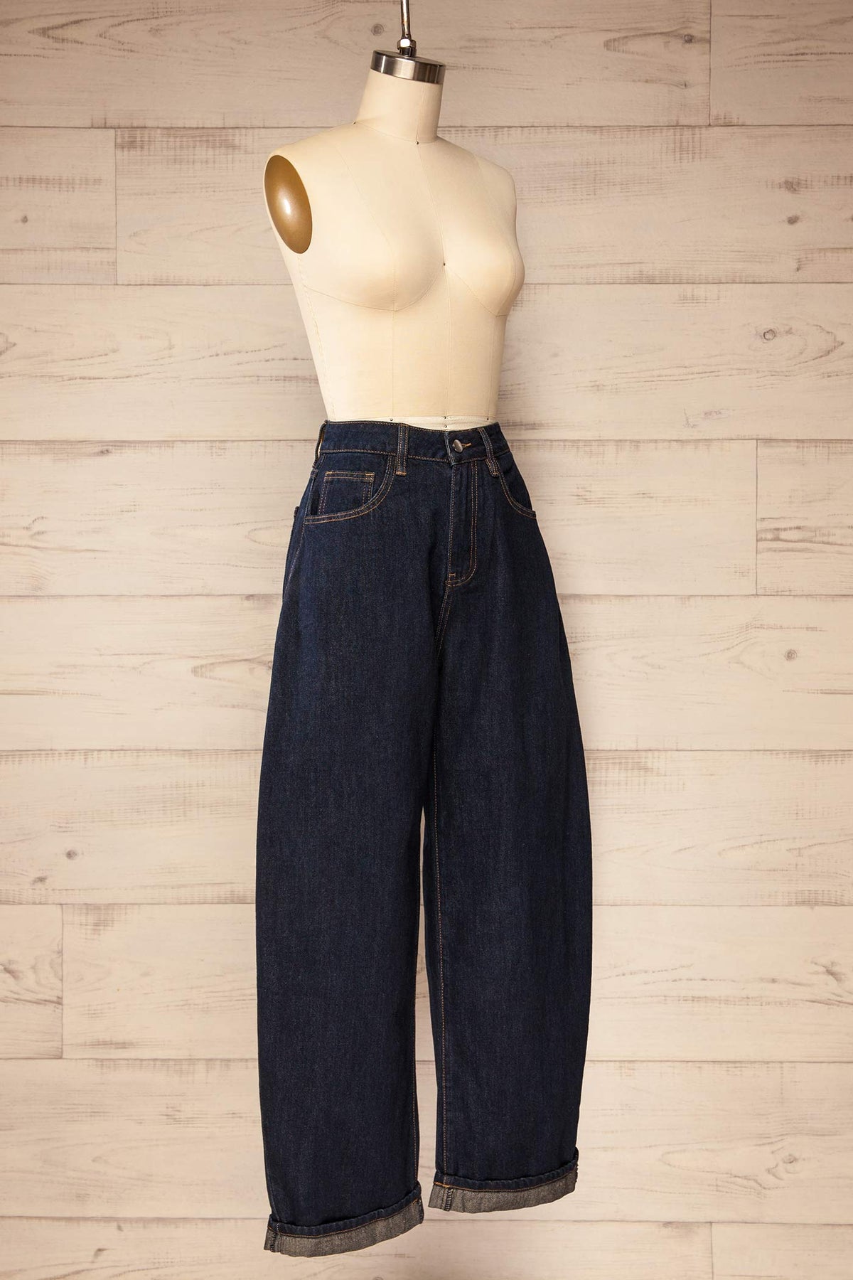side view of Goulburn Navy Dark Wash Barrel Leg Denim Jeans at La petite garçonne