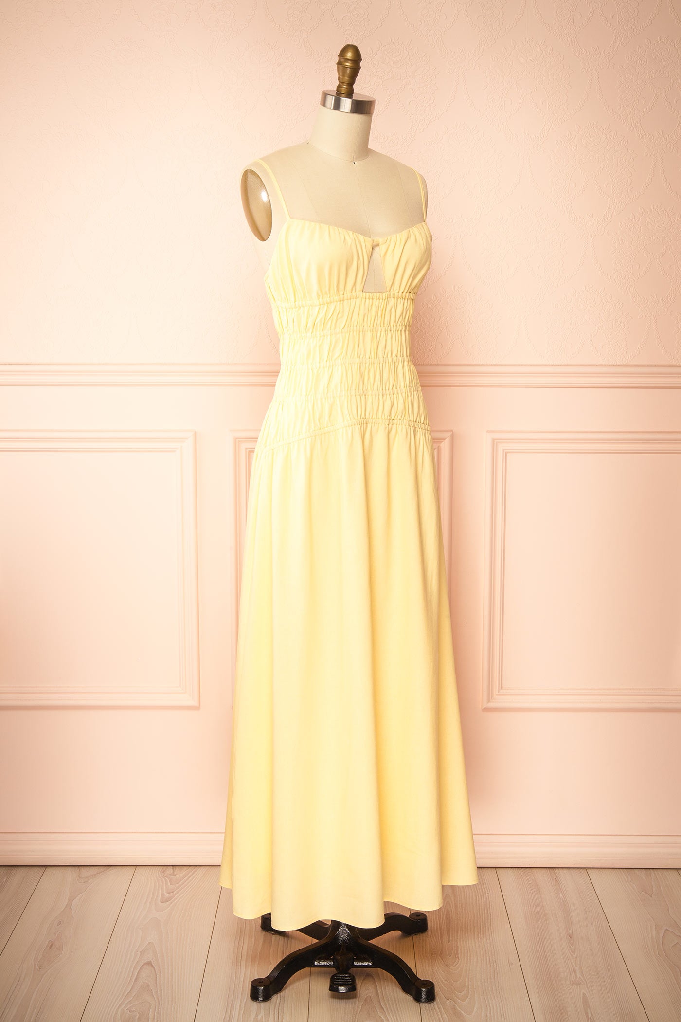 profile view Grazia Yellow Smocked Waist Maxi Dress with Cutout Detail at la boutique 1861