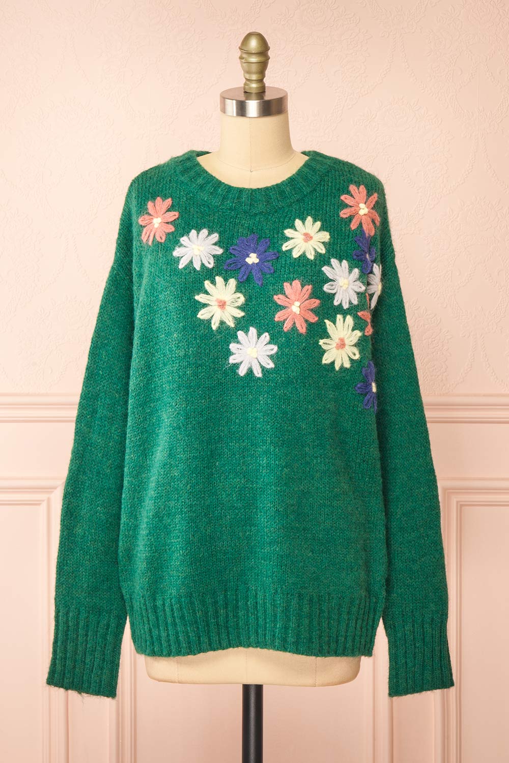 Grozjnat Green Knit Sweater w/ Floral Embroidery | Boutique 1861 front view
