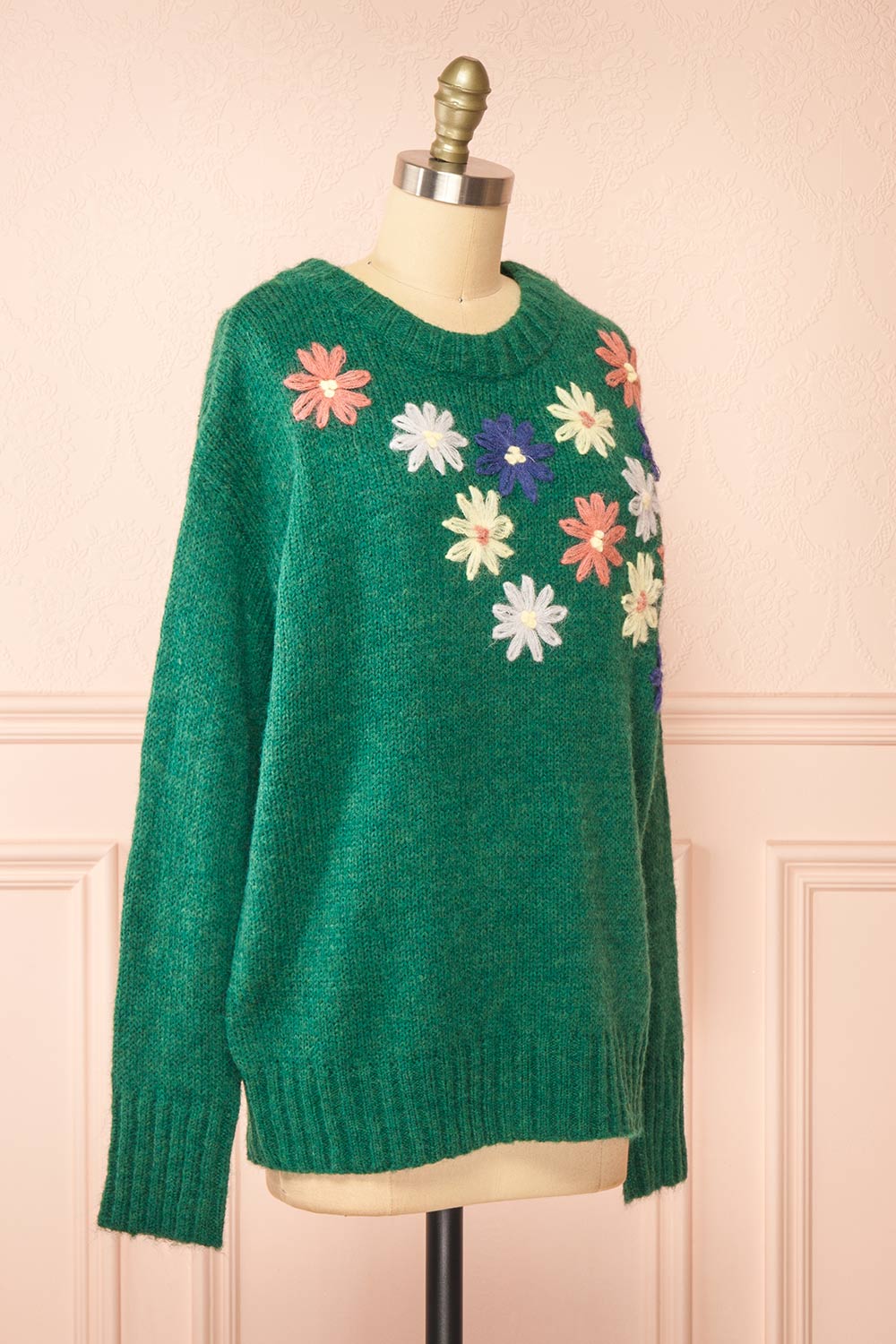 Grozjnat Green Knit Sweater w/ Floral Embroidery | Boutique 1861 side view