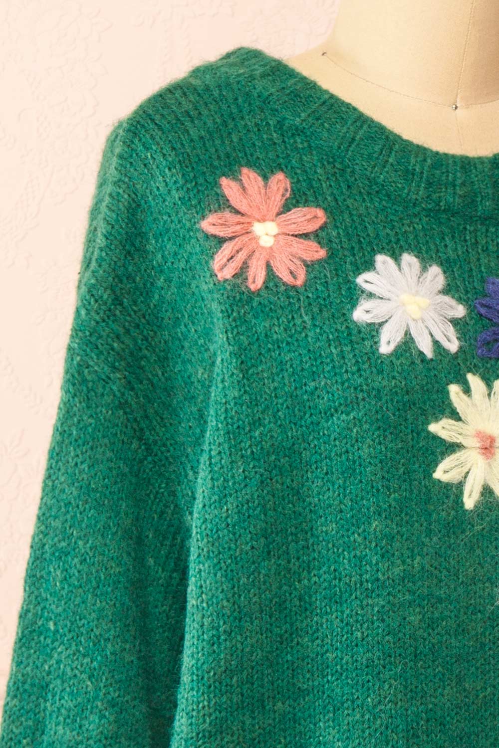 Grozjnat Green Knit Sweater w/ Floral Embroidery | Boutique 1861 side