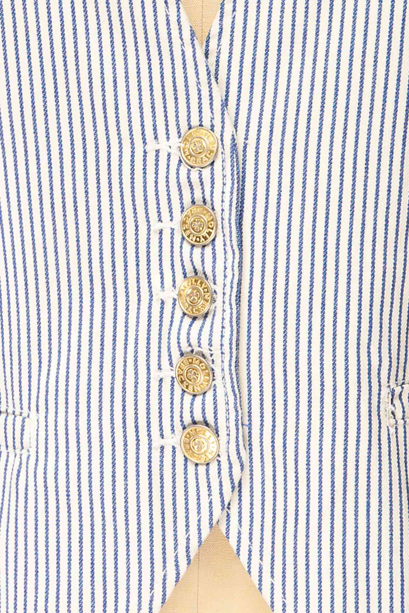 Close-up Hajipur White and Blue Striped Denim Vest with Back Detail at la petite garçonne