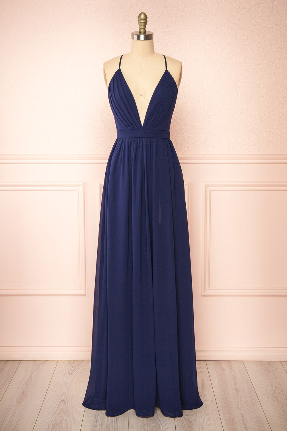 Haley Night Navy Gown with Plunging Neckline | Boutique 1861 front view