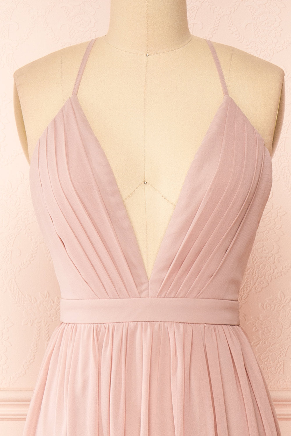 Haley Moon Grey Chiffon Gown with Plunging Neckline | Boutique 1861 front