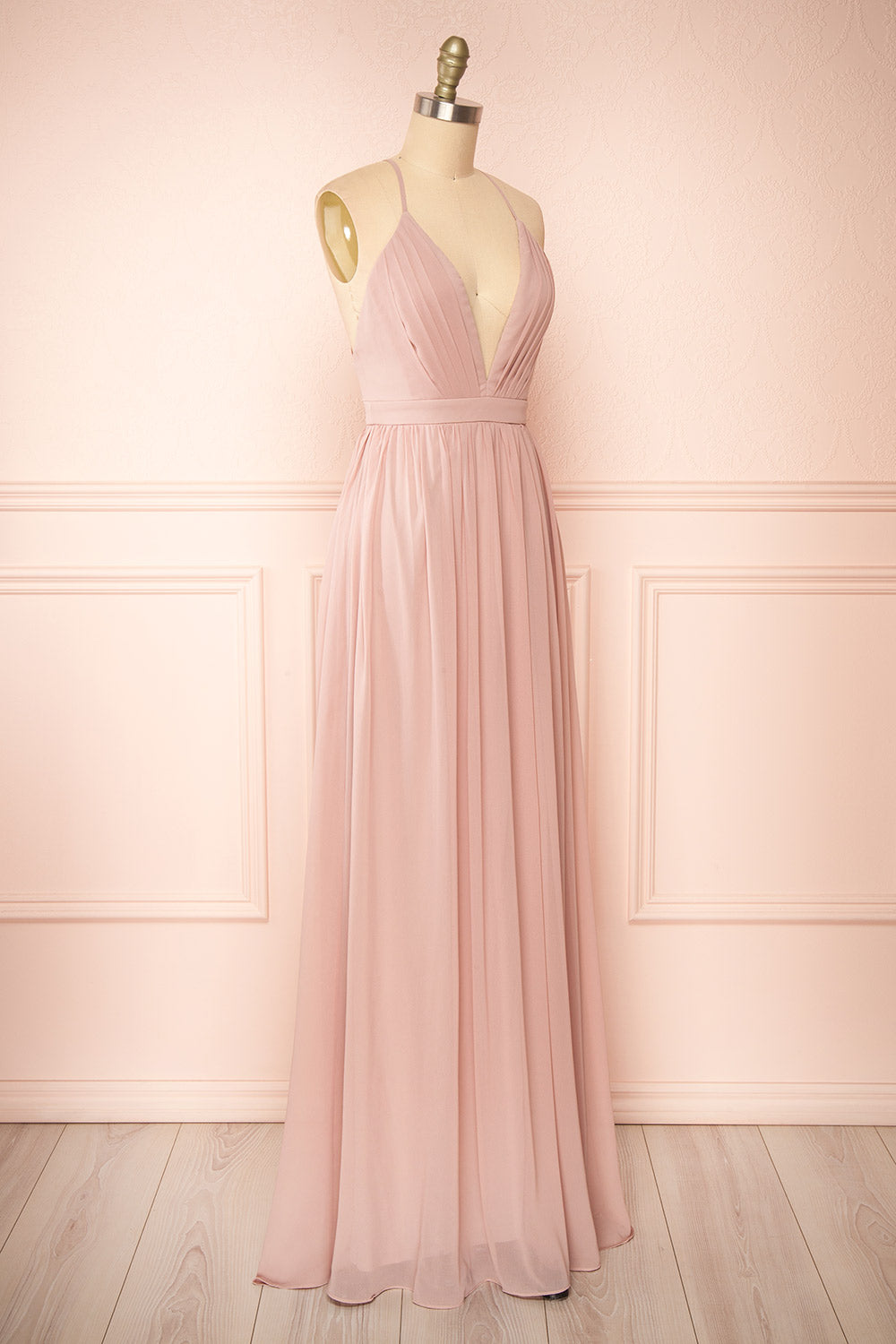 Haley Moon Grey Chiffon Gown with Plunging Neckline | Boutique 1861 side view