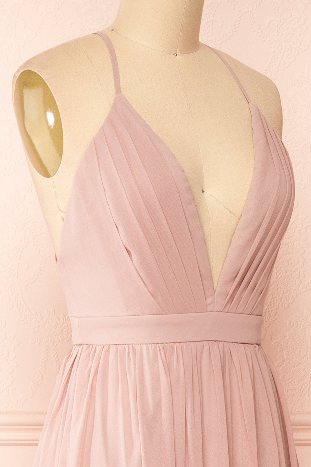 Haley Moon Grey Chiffon Gown with Plunging Neckline | Boutique 1861 side