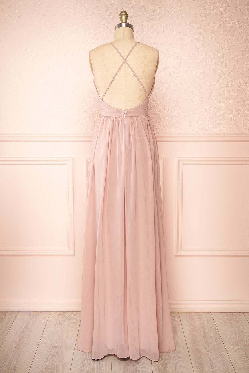 Haley Moon Grey Chiffon Gown with Plunging Neckline | Boutique 1861 back view