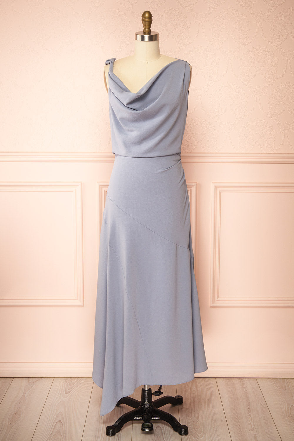 Hanae Long Blue Asymmetrical Dress with Cowl Neckline | Boutique 1861 front view