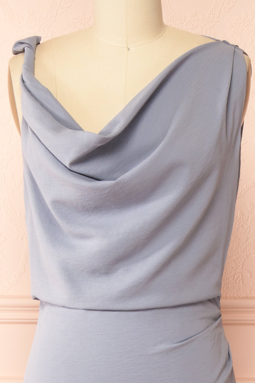 Hanae Long Blue Asymmetrical Dress with Cowl Neckline | Boutique 1861 front