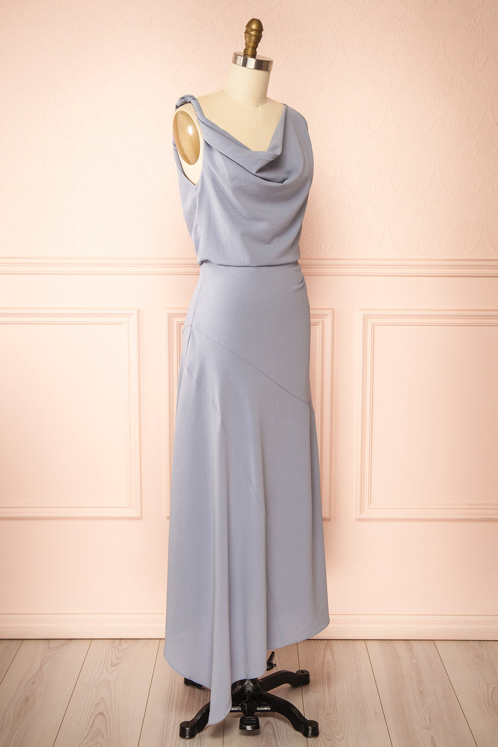 Hanae Long Blue Asymmetrical Dress with Cowl Neckline | Boutique 1861 side view