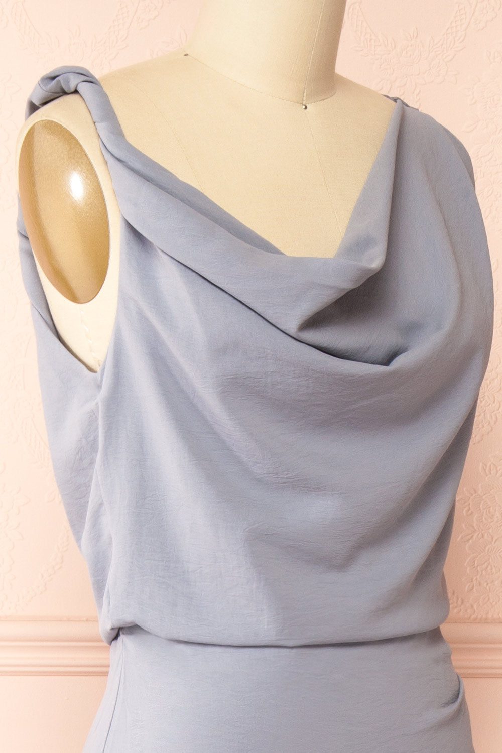 Hanae Long Blue Asymmetrical Dress with Cowl Neckline | Boutique 1861 side