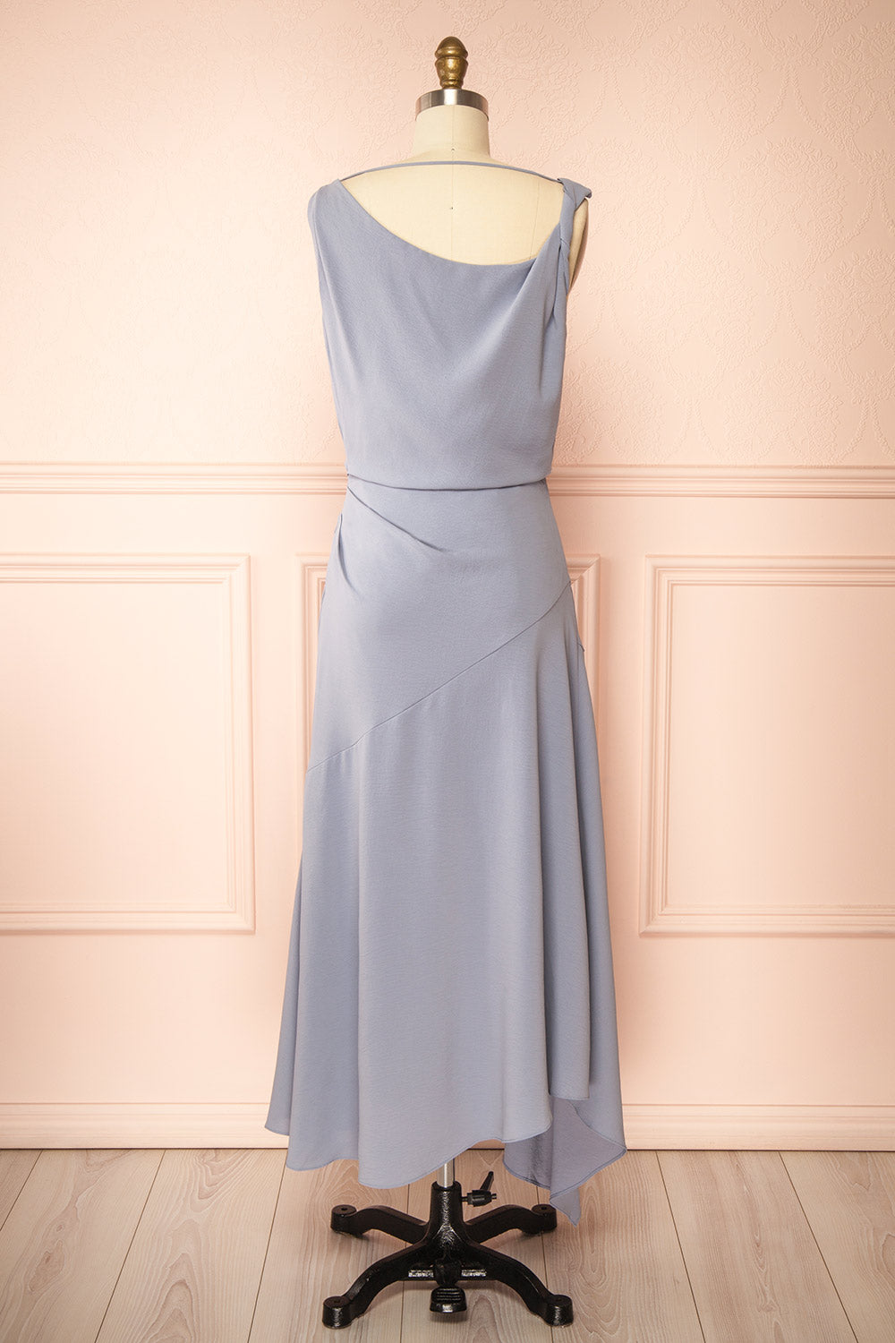 Hanae Long Blue Asymmetrical Dress with Cowl Neckline | Boutique 1861 back view