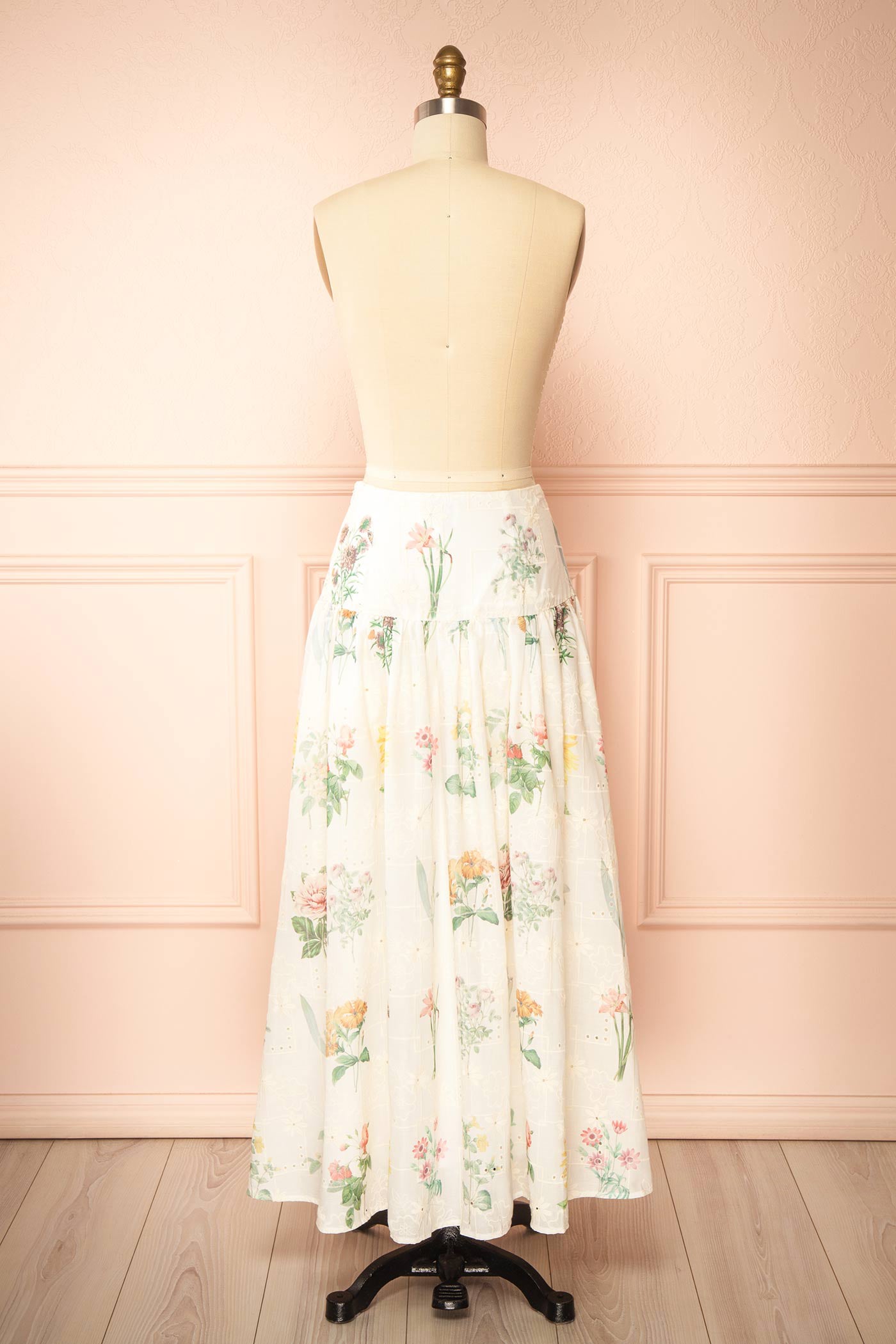 Back view of Hansi Floral Eyelet Drop-Waist Ivory Maxi Skirt at la boutique 1861