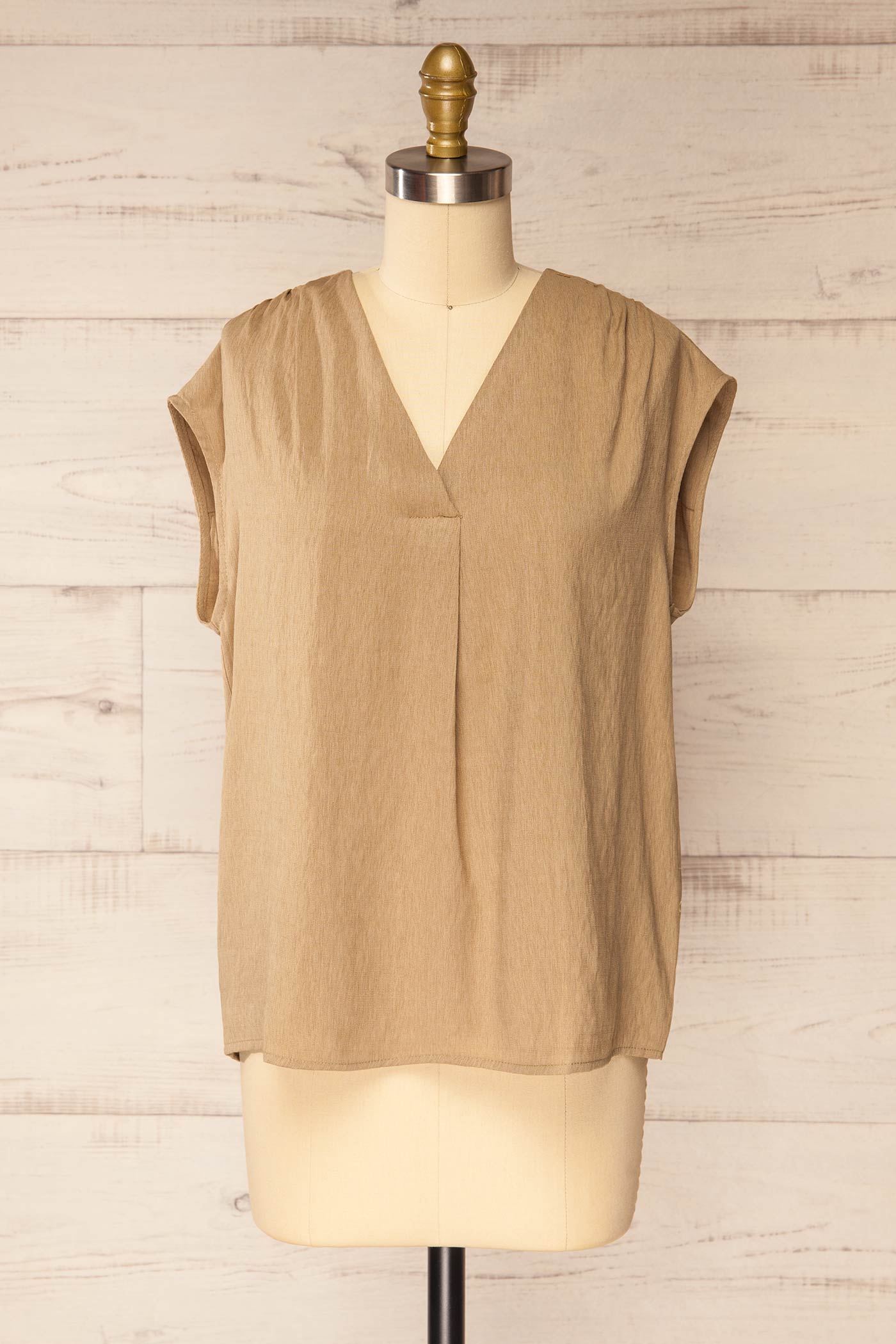 Frontview Haora Brown V-Neck Pleated Top at la petite garçonne