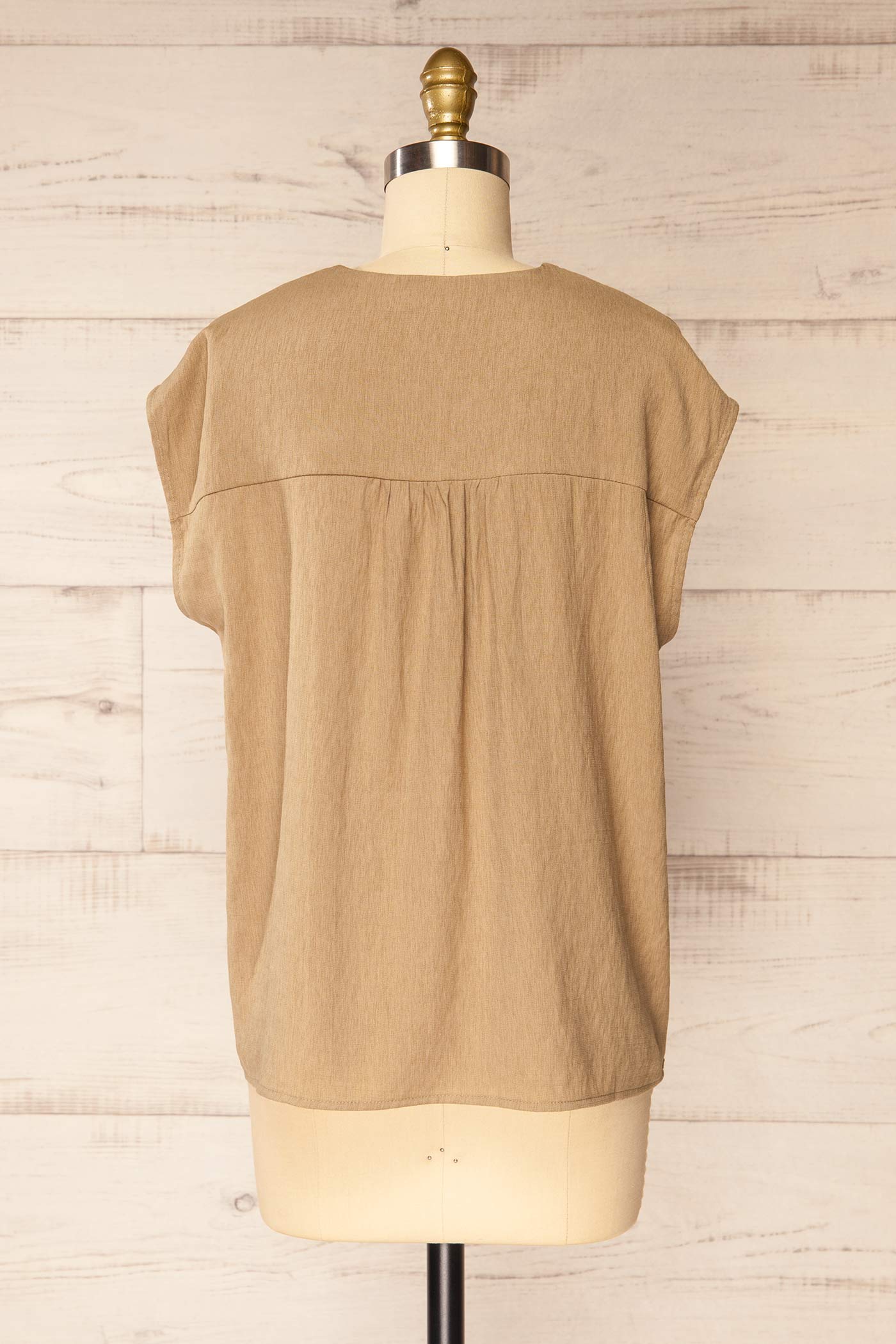 Backview Haora Brown V-Neck Pleated Top at la petite garçonne