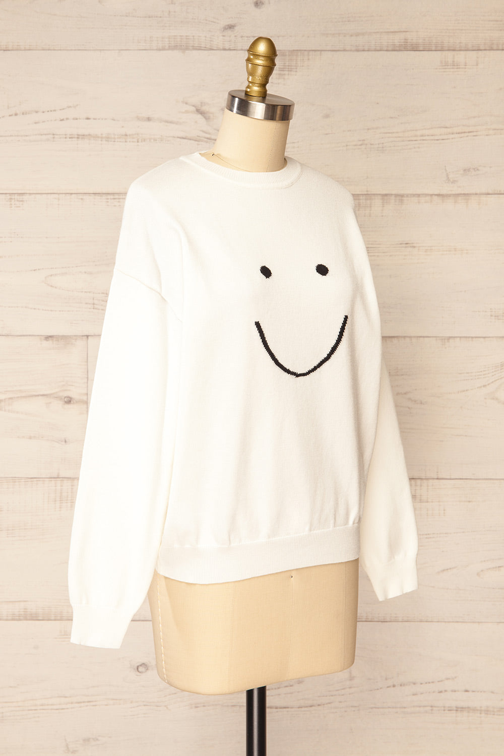Happie White Knit Crewneck w/ Smiley Face | La petite garçonne side view