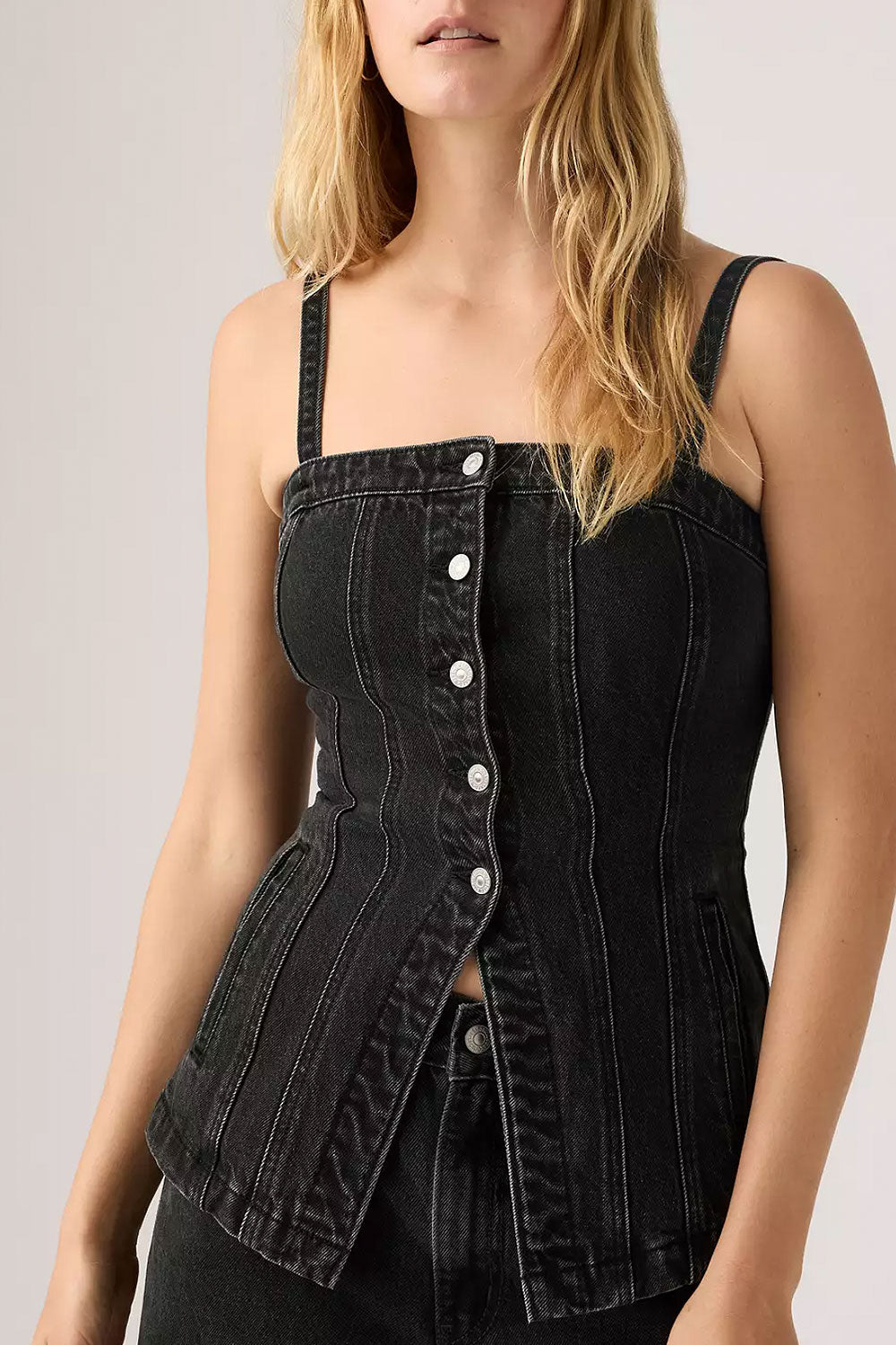 Woman wearing Harare Black Denim Bustier with Pockets from La petite garçonne frontview