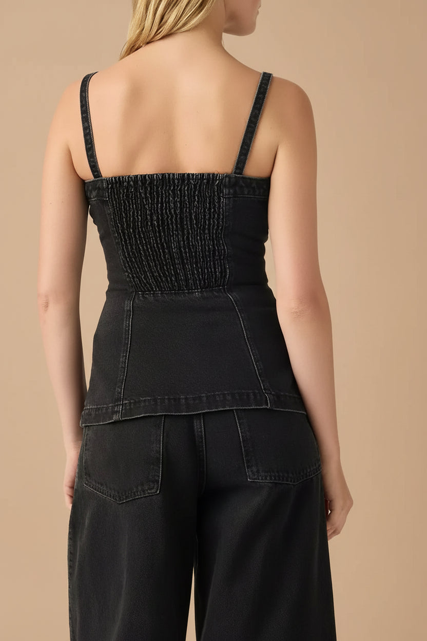 Woman wearing Harare Black Denim Bustier with Pockets from La petite garçonne backview
