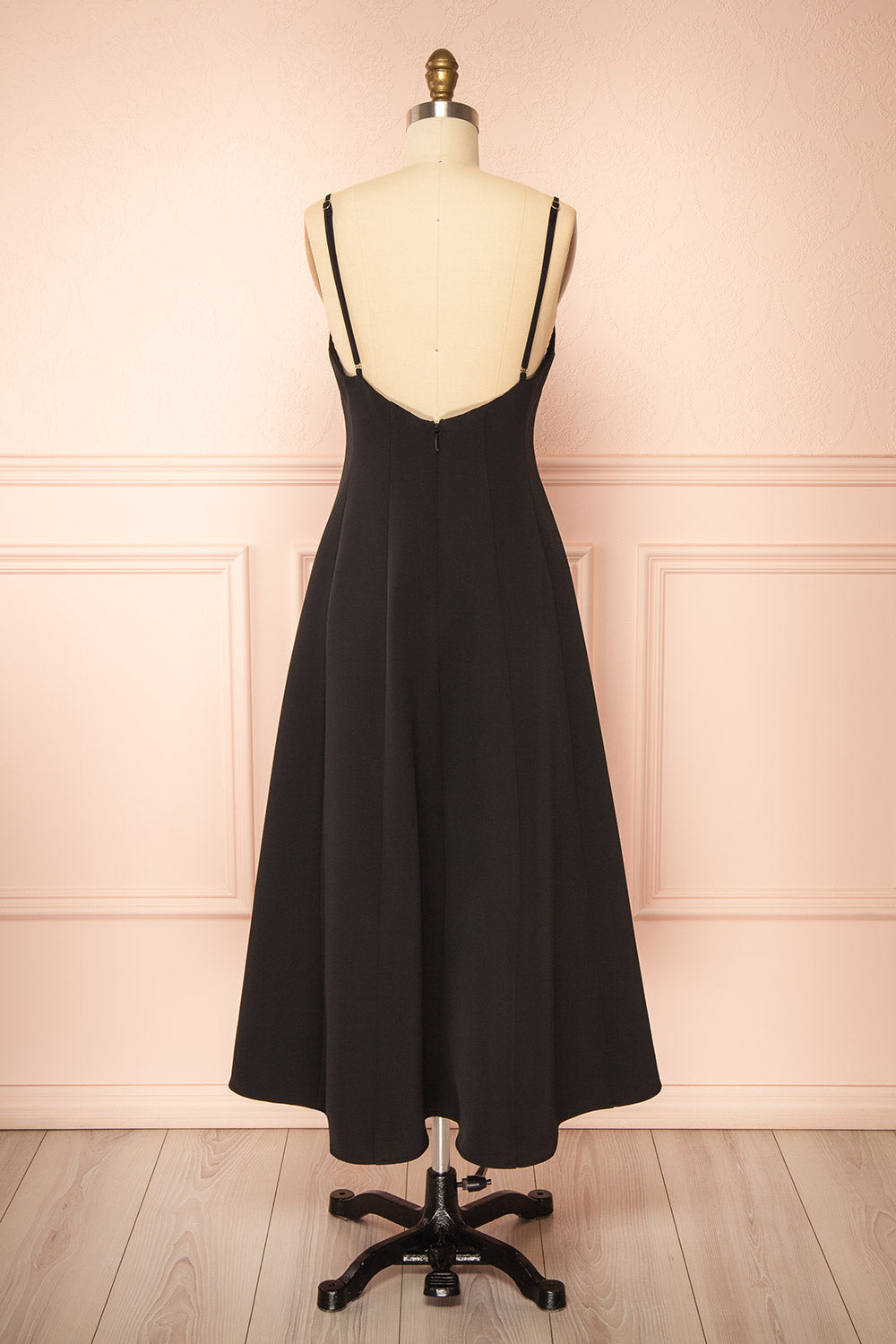 Hariette Black A-Line Midi Dress with V-Neck | Boutique 1861 back view