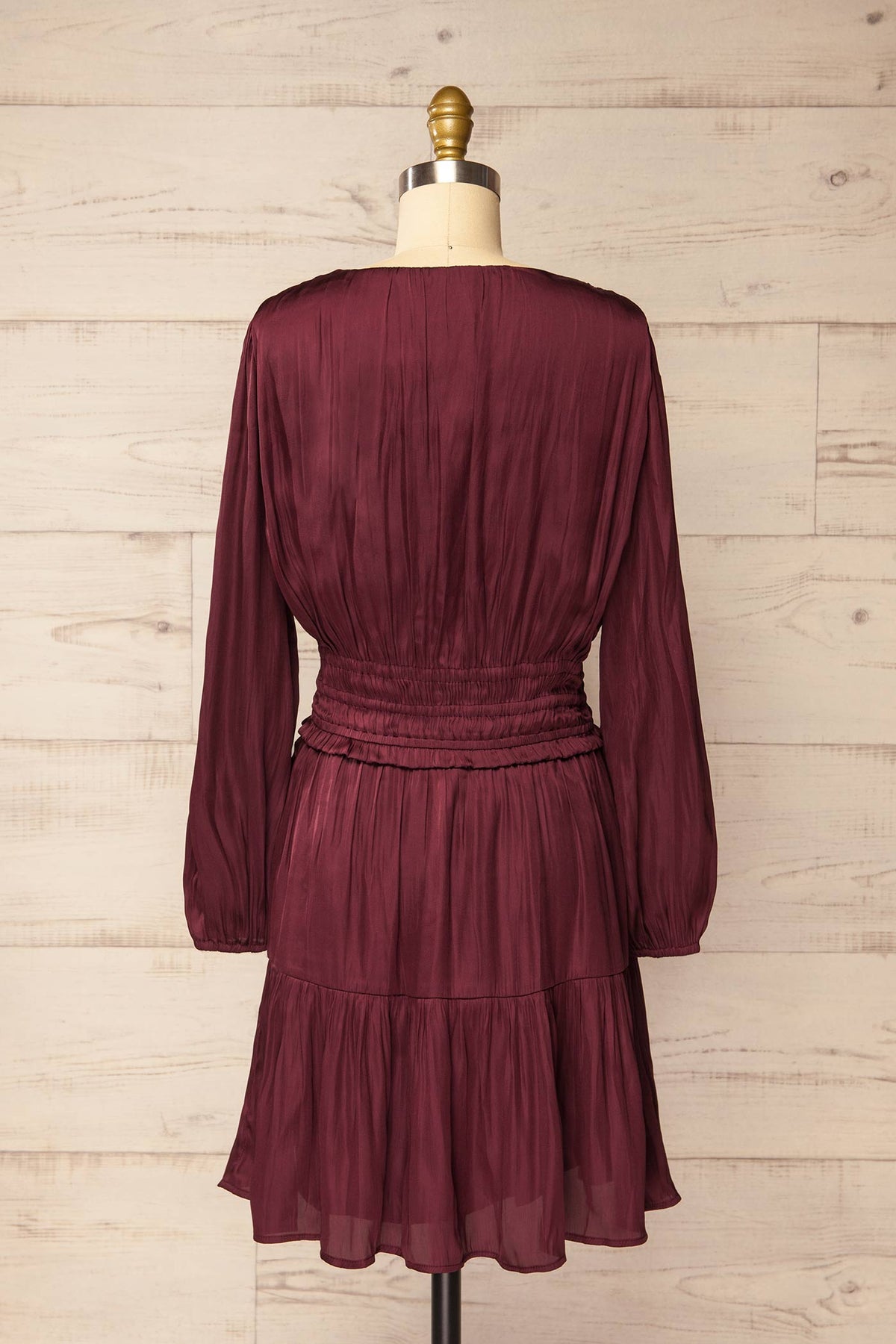 back view of Harrisburg Burgundy Long Sleeve Satin Smocked Mini Dress at La petite garçonne