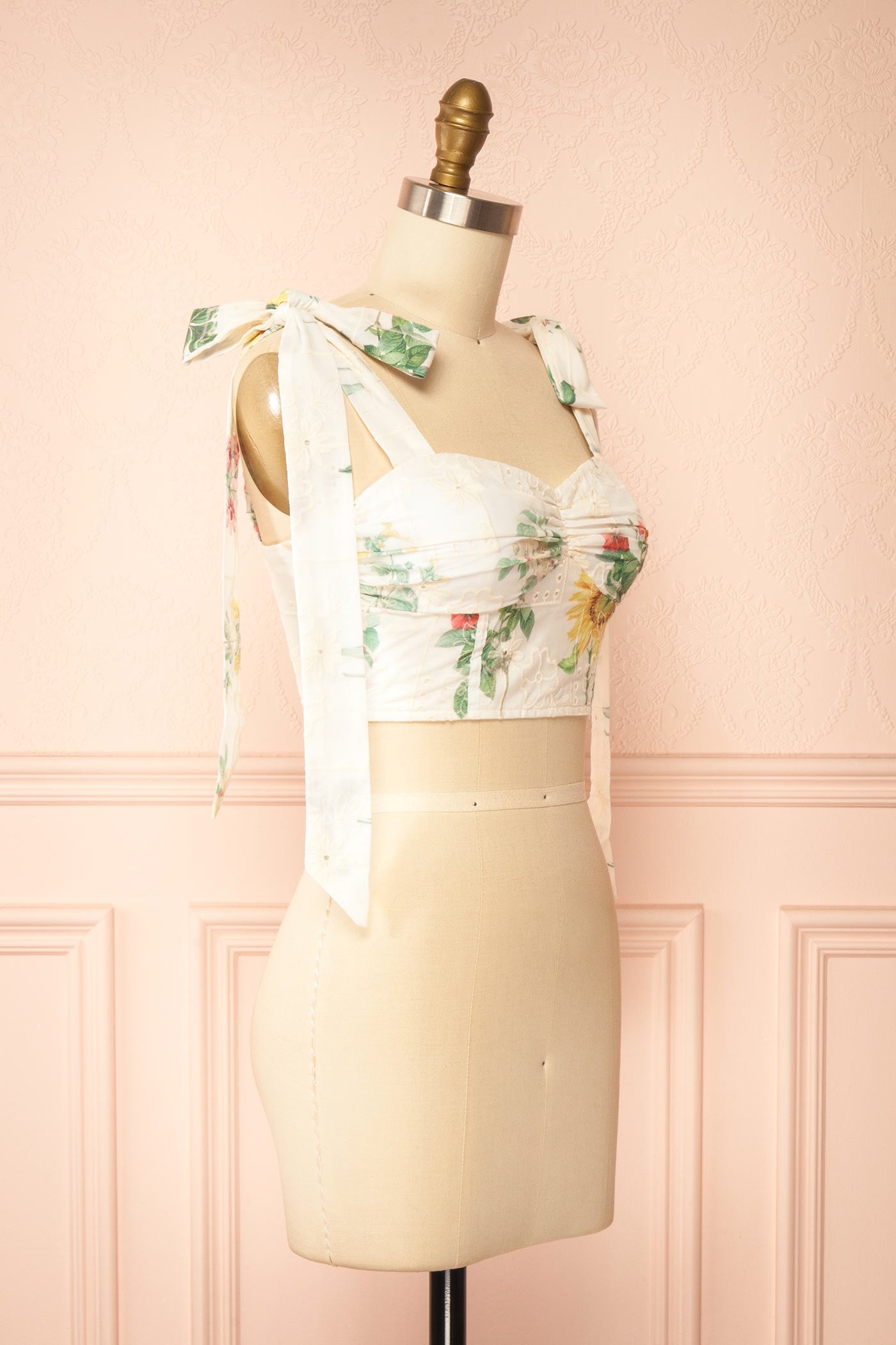 Profile view of Hassan Embroidered Eyelet Floral Lace up Back White Crop Top at la boutique 1861