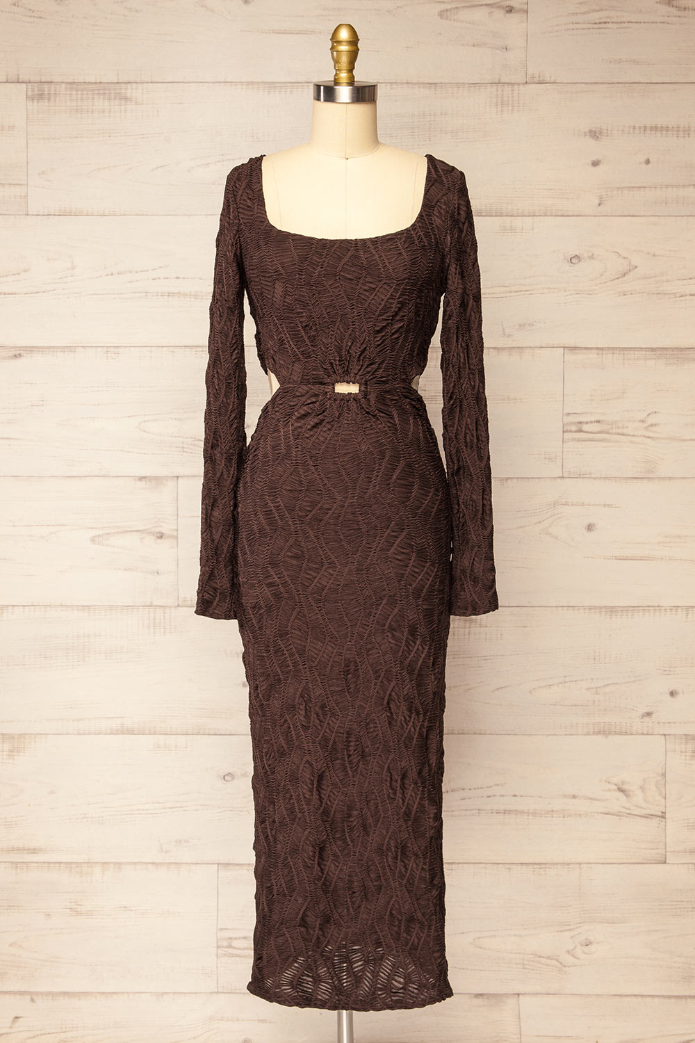 Hawkesbury Brown Fitted Midi Dress w/ Cut-Outs | La petite garçonne front view