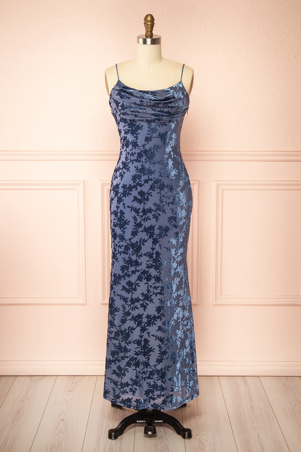 Haylin Blue Velvet Floral Fitted Maxi Dress | Boutique 1861 front view