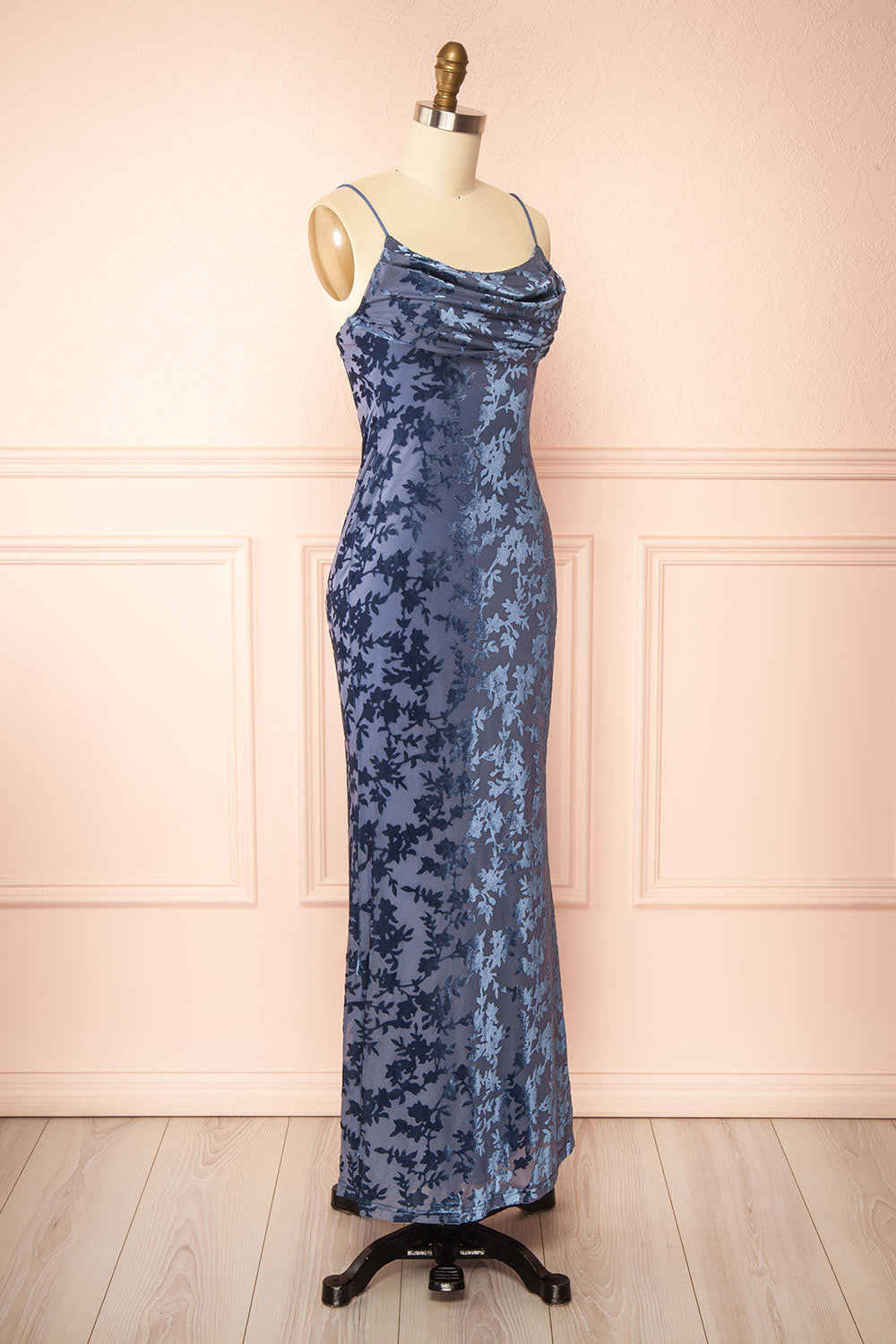 Haylin Blue Velvet Floral Fitted Maxi Dress | Boutique 1861 side view