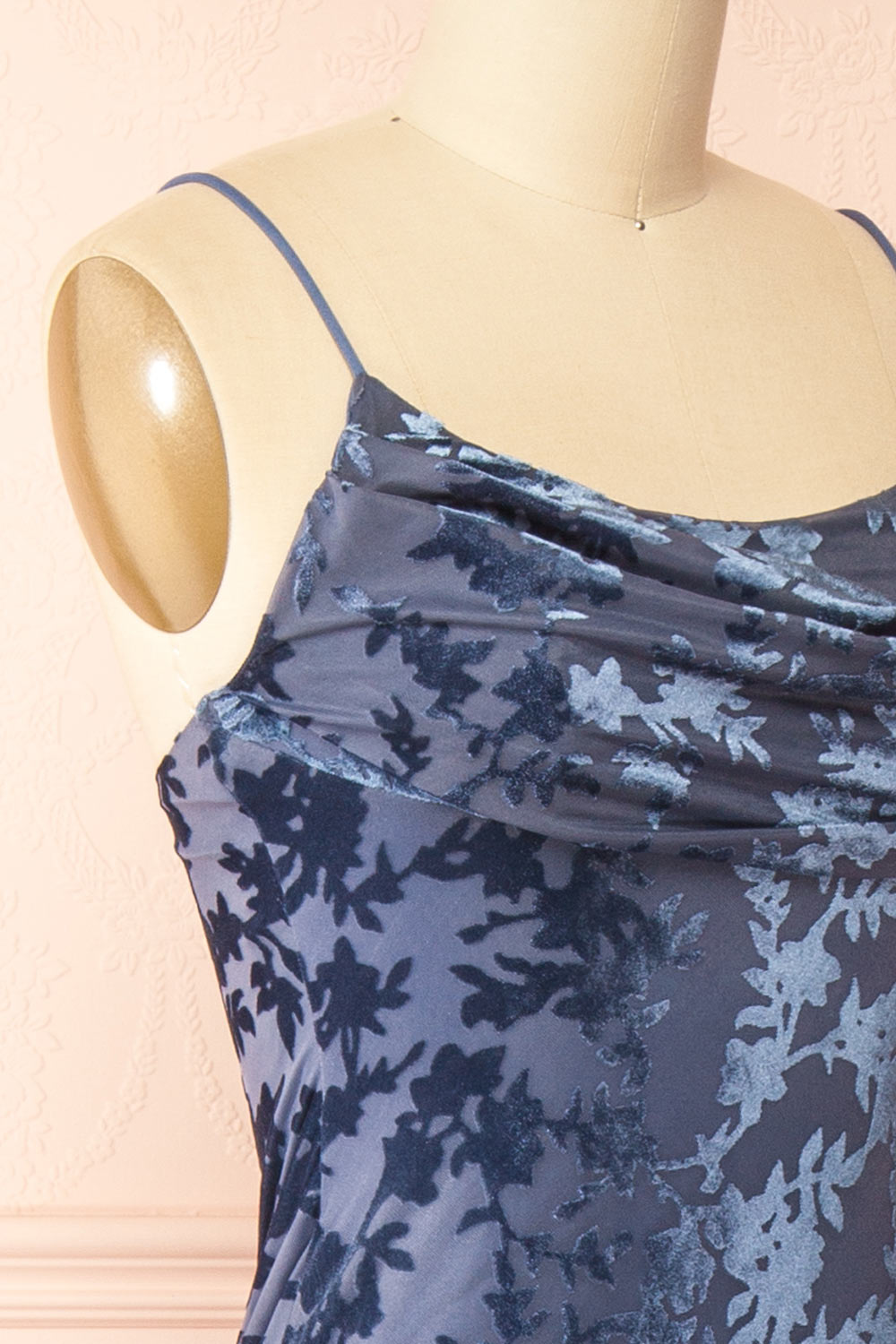 Haylin Blue Velvet Floral Fitted Maxi Dress | Boutique 1861 side