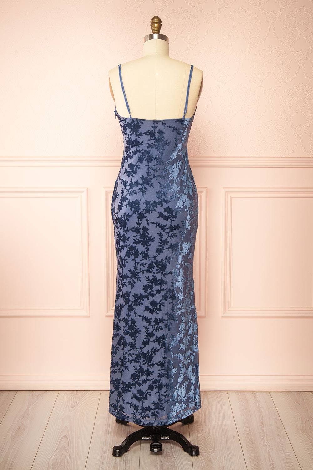Haylin Blue Velvet Floral Fitted Maxi Dress | Boutique 1861 back view